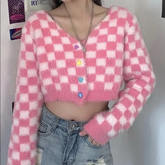 Plaid sweater pink white womens cardigan long heart buttons - Picture 4 of 12